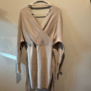 Fashion Beige Knit Wrap Long Sleeve Sweater Vneck Open Back Tie Waist Dress
